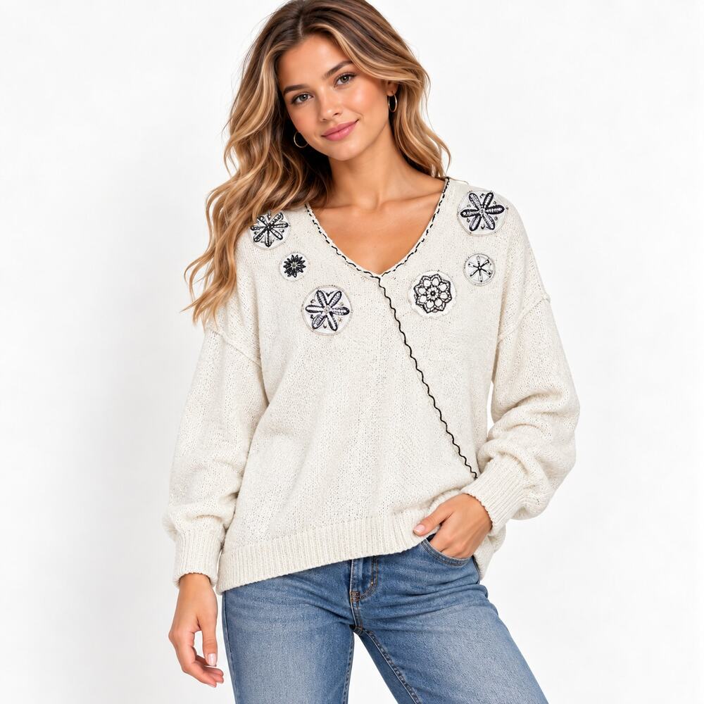 Dana Scott Ivory Beaded Snowflakes Soft Silk Angora Sweater Sz L NWT Vintage